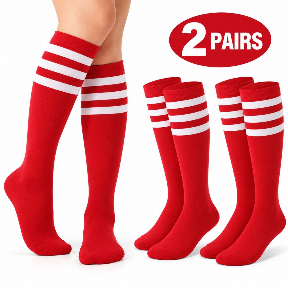 Women’s Red White Stripe Knee High Cotton Socks Cosplay Costume – 2 Pairs